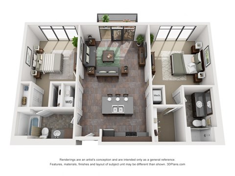 Floor plan for 2 beds, 2 baths, 1067 sqft